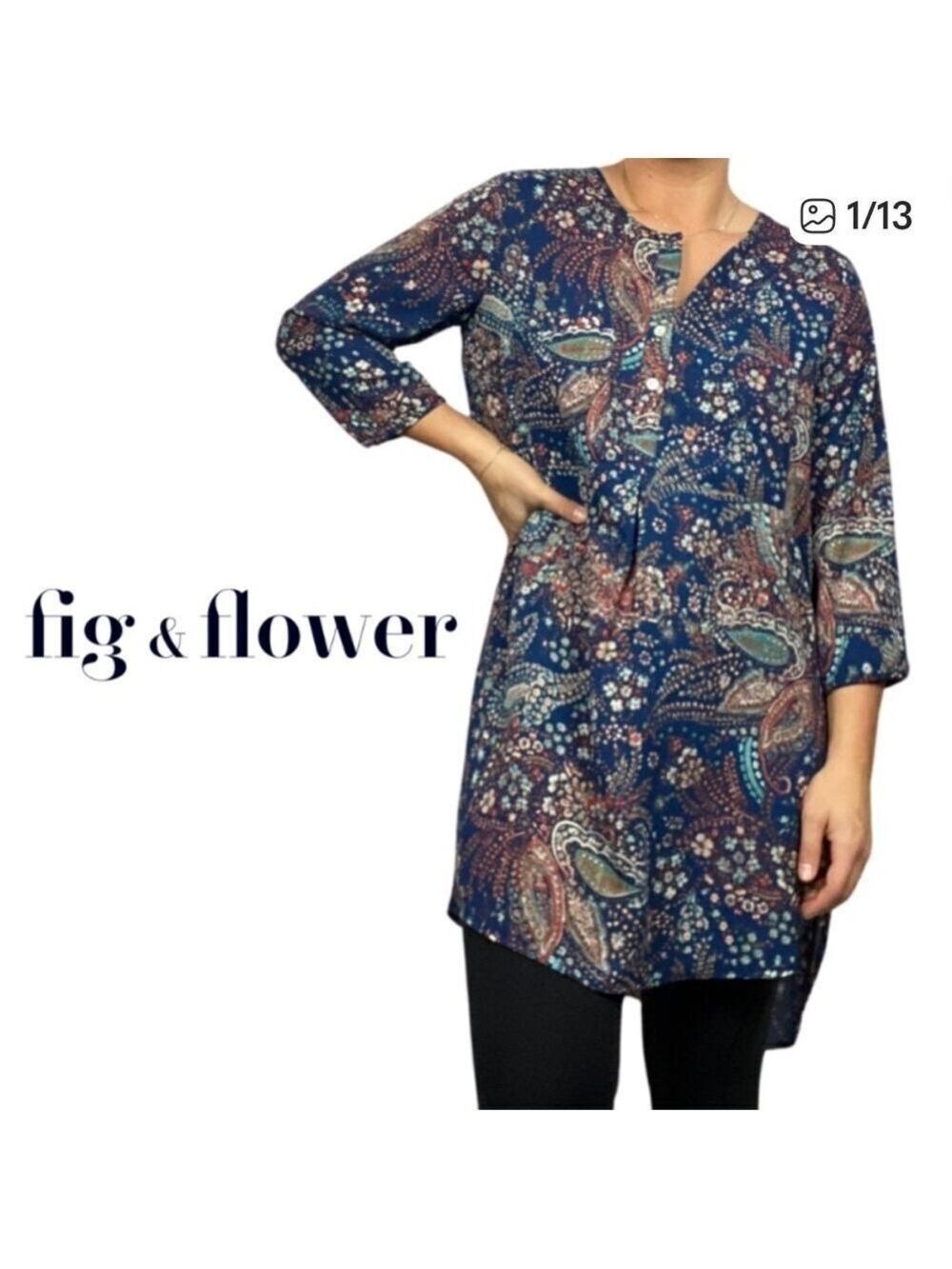 FIG AND FLOWER Navy Paisley Floral Tunic Blouse Anthropologie Top Size Small
